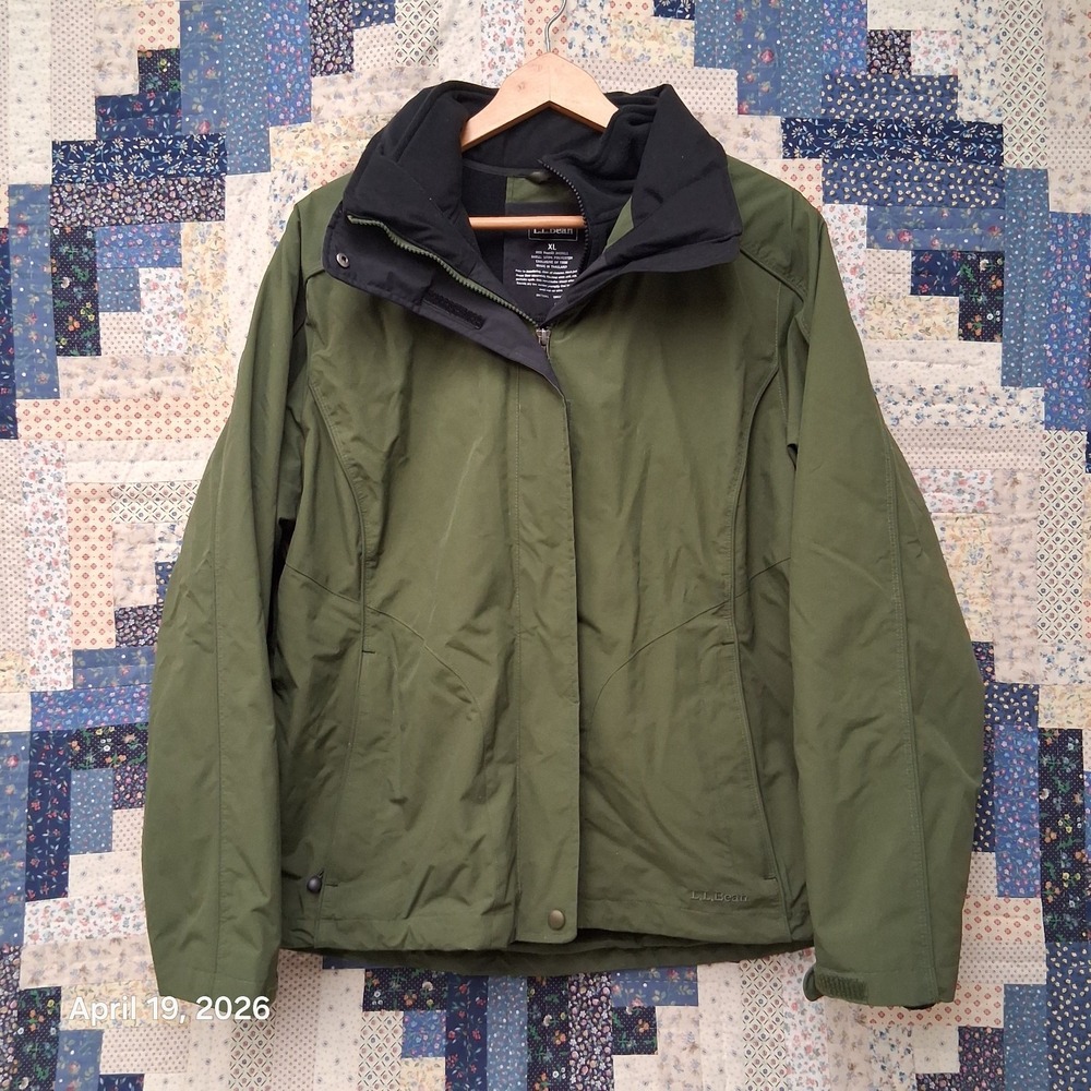 LL Bean Weather Challenger 3 In 1 Parka Jacket‎ Green Size XL Hidden Hood